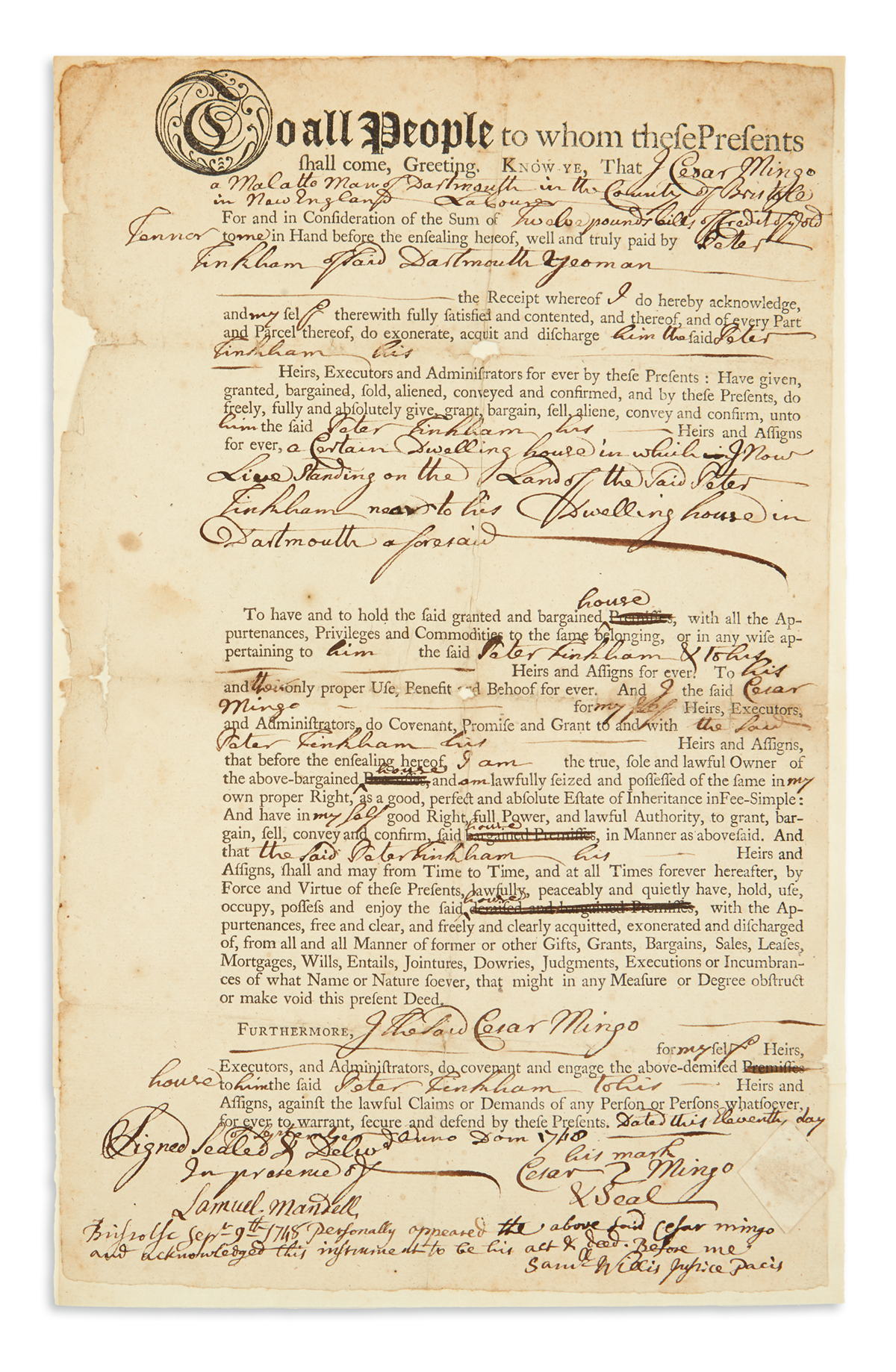 (SLAVERY AND ABOLITION.) Mingo, Cesar. Deed of a house by a Massachusetts malatto man.